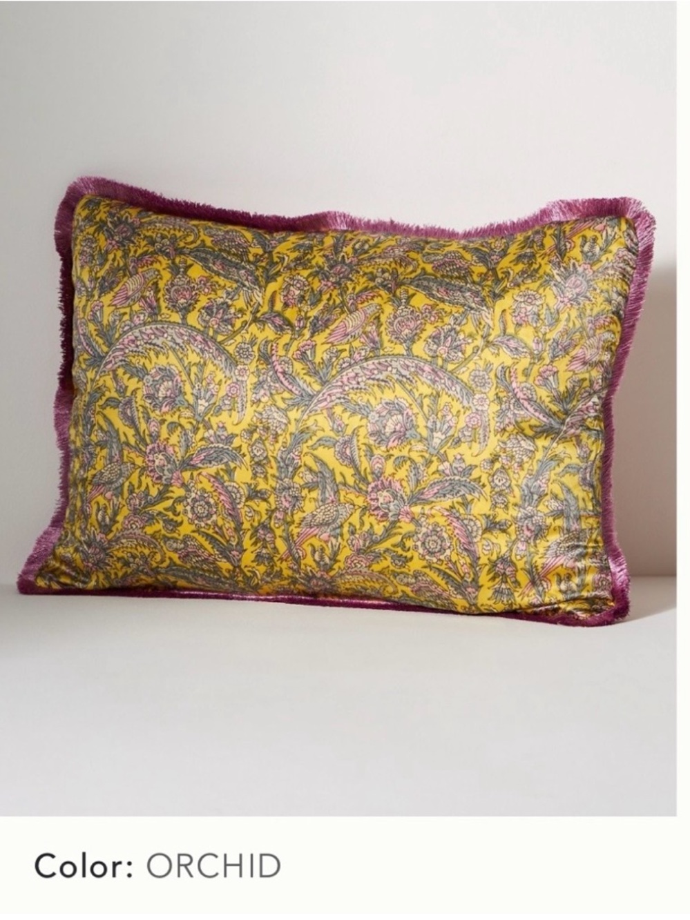 Anthropologie NWT Silk Mix Print Floral Pillow. Orchid & Yellow W/Magenta Trim